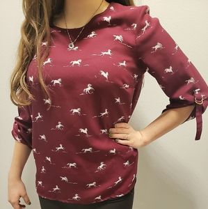 Women's burgundy blouse with horses